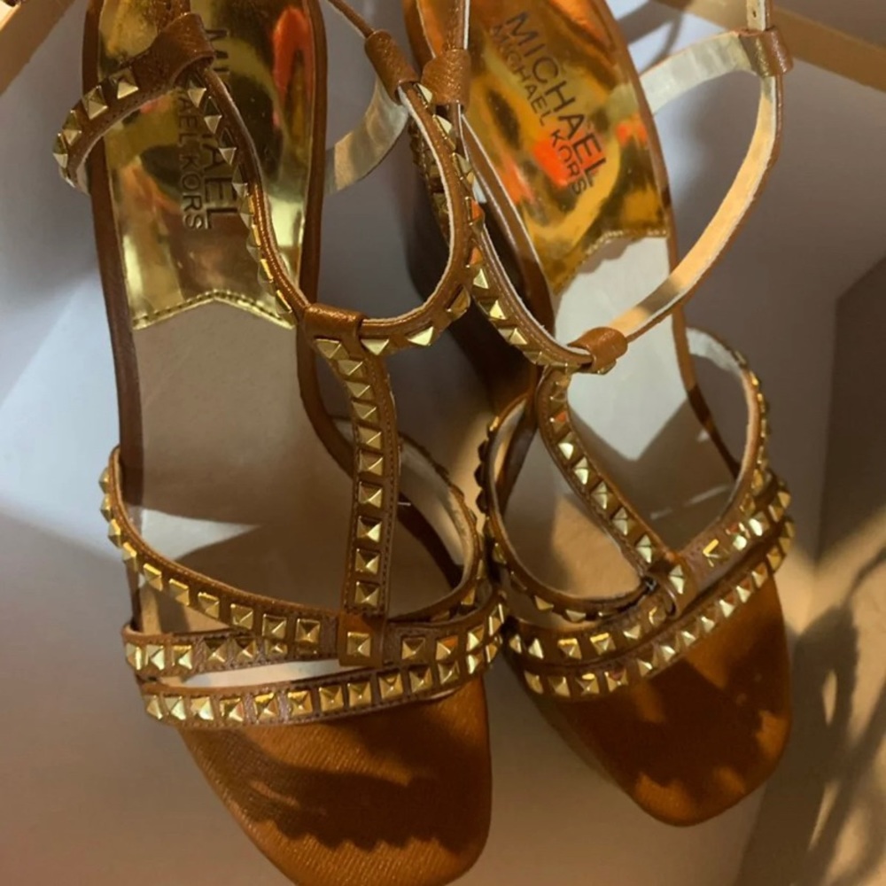 Michael Kors brown wedges with studs sandals sz 36.5